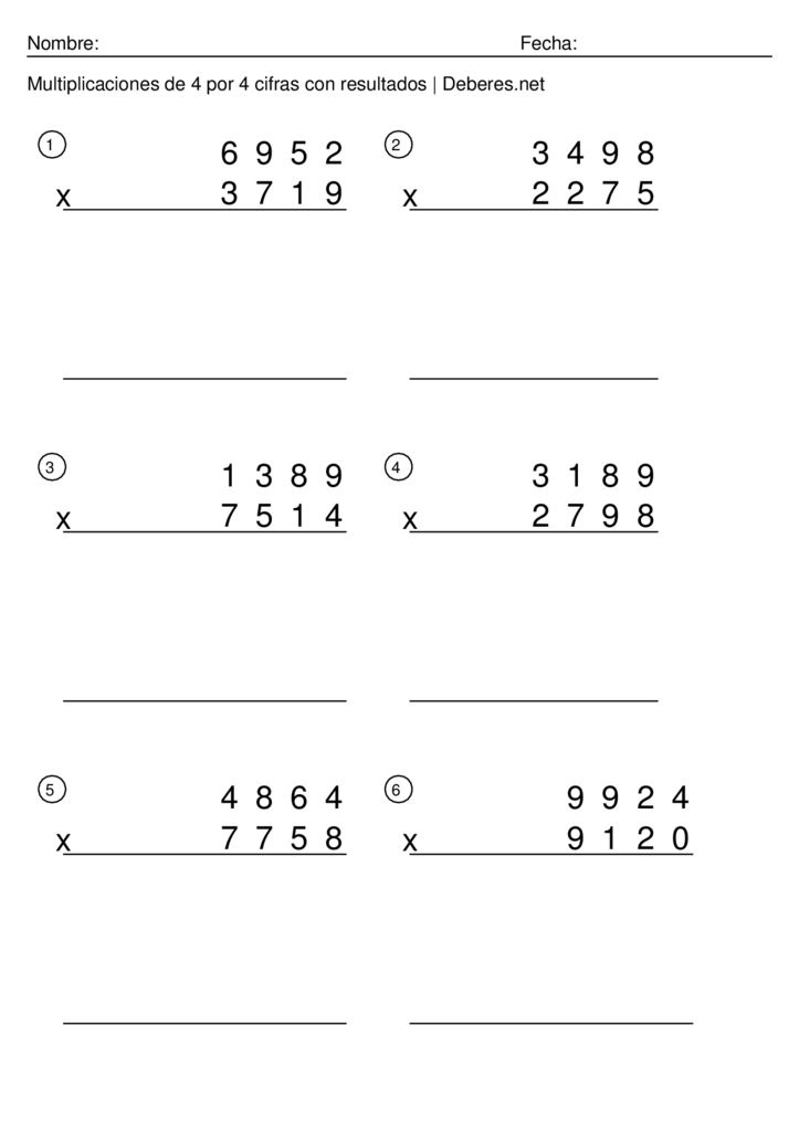 thumbnail of Multiplicaciones de 4 por 4 cifras con soluciones completas – Ficha 9