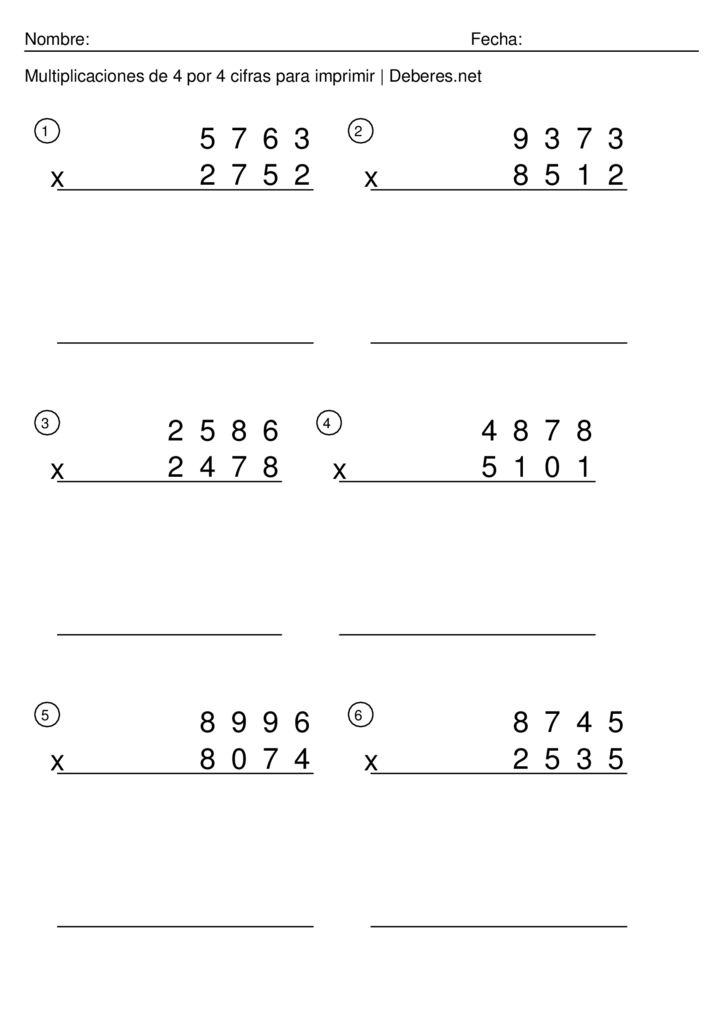 thumbnail of Multiplicaciones de 4 por 4 cifras para imprimir – Ficha 1