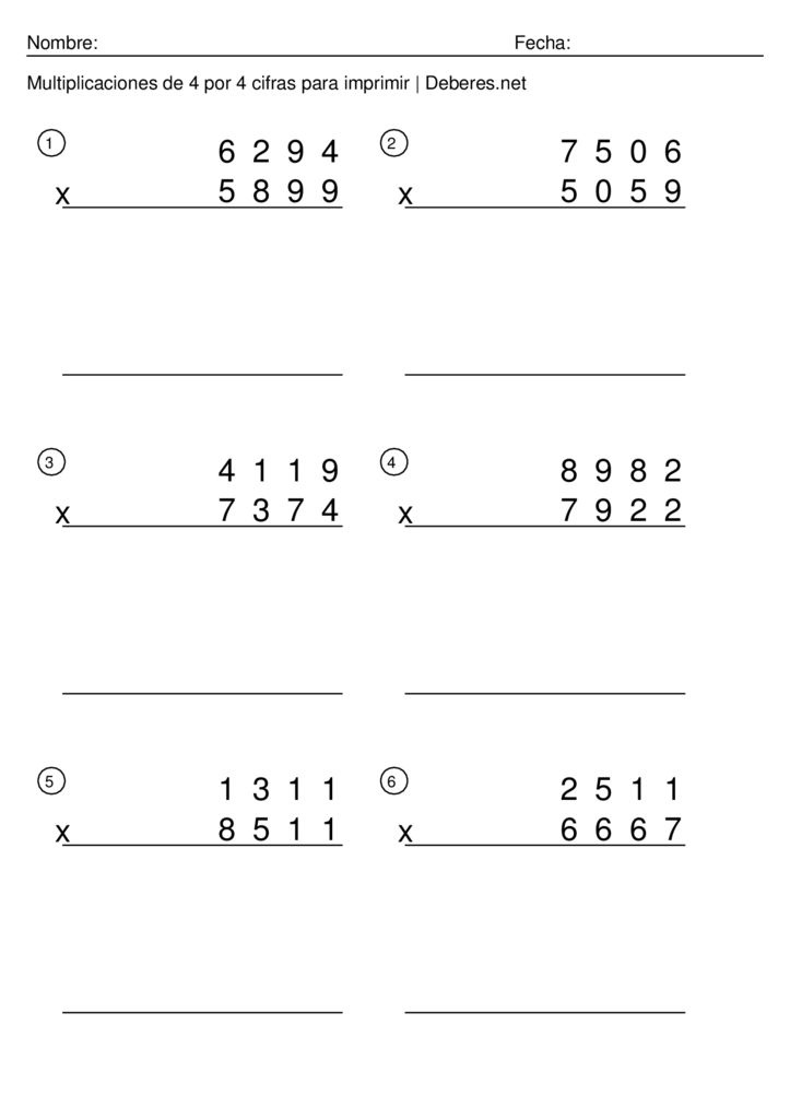 thumbnail of Multiplicaciones de 4 por 4 cifras para imprimir – Ficha 4