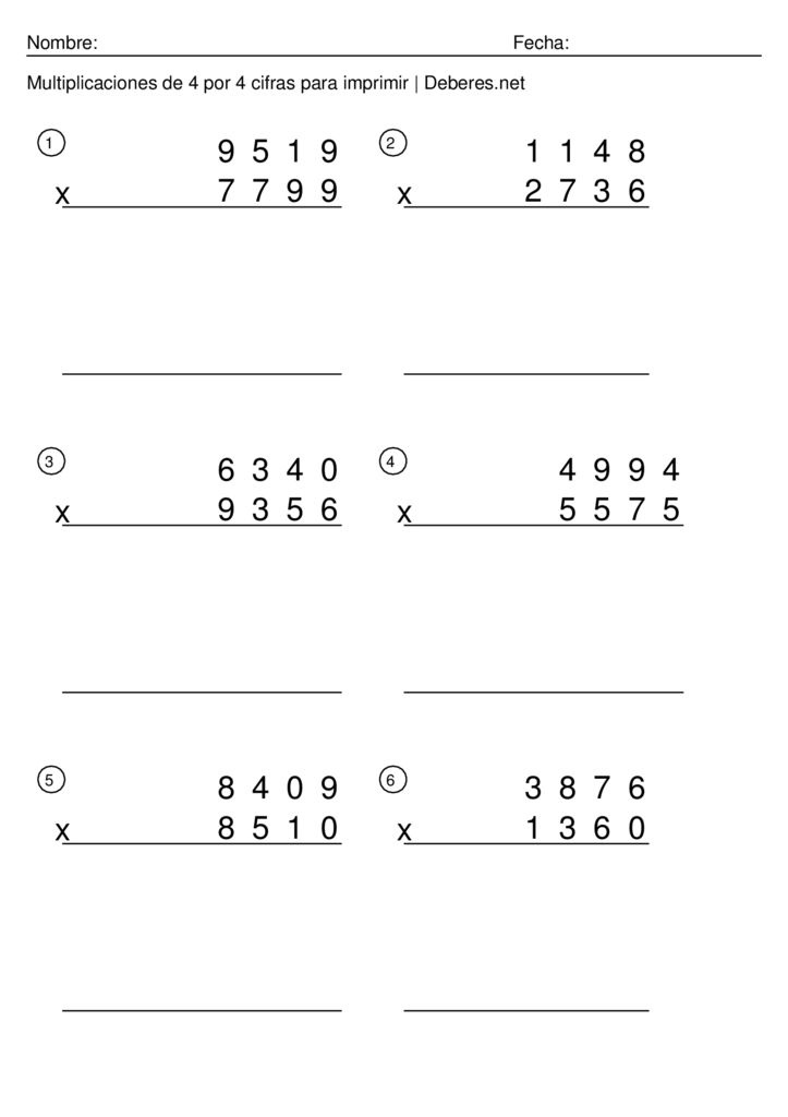 thumbnail of Multiplicaciones de 4 por 4 cifras para imprimir – Ficha 7